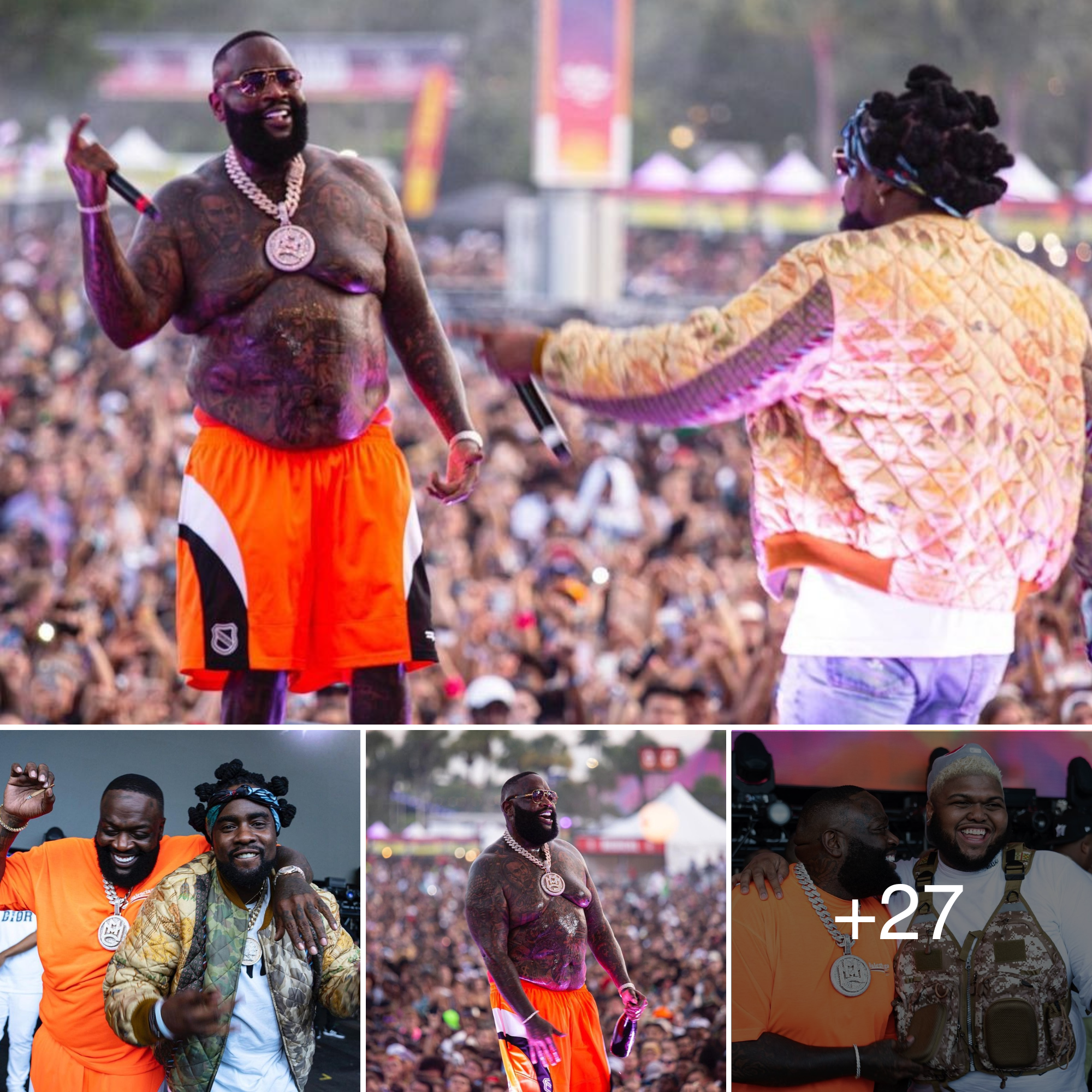 ‘King of Rap’ Rick Ross and Wale went shirtless on stage during the performance, revealing dozens of strange tattoos on their skin